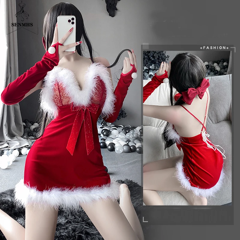 SENMHS Sexy Deep V Sling Lingerie Soft Lace Plush Backless Nightdress Christmas Stage Uniform Bow Embellished Temptation Suit
SENMHS Sexy Deep V Sling Lingerie Soft Lace Plush Backless Nightdress Christmas Stage Uniform Bow Embellished Temptation Suit