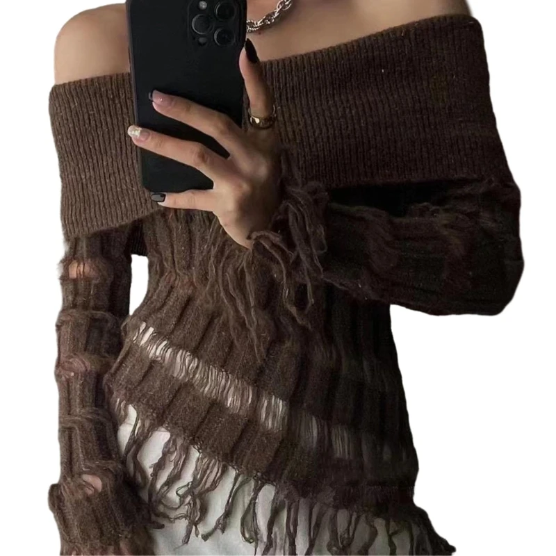 

Sexy Off Shoulder Knit Sweater Womens Autumn Long Sleeve Hollow Out Fringed Tassels Asymmetrical Hem Casual Jumpers Top