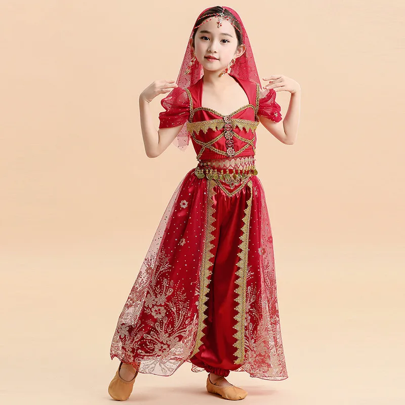 

Halloween Kid Girl Fancy Outfit Arabian Princess Costumes Indian Dance Embroider Bollywood Belly Costume Party Cosplay Jasmine