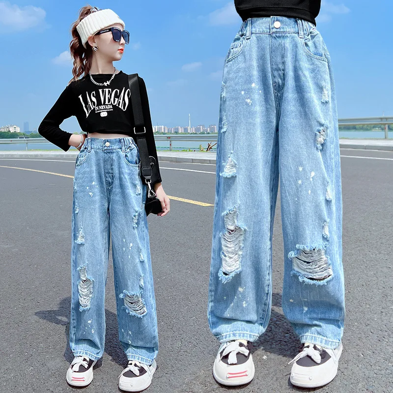 

Teen Girls Hole Wide Jeans Fashion Hip Hop Korean Streetwear Style Harem Pants Spring Autumn New Design Kids Teenage Trousers