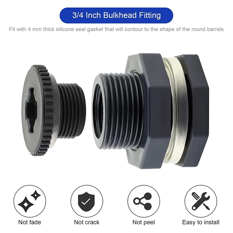 Bulkhead Fitting 3/4 Inch, 5 Pcs PVC Double Threaded Water Tank Connector For Rain Barrels, Tubs, Pools
Bulkhead Fitting 3/4 Inch, 5 Pcs PVC Double Threaded Water Tank Connector For Rain Barrels, Tubs, Pools