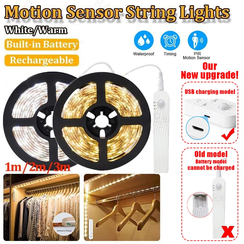 

PIR Motion Sensor Under Cabinet Lights LED Wireless Dimmable Light Strip USB Rechargeable Waterproof Lamp for Wardrobe Stairway