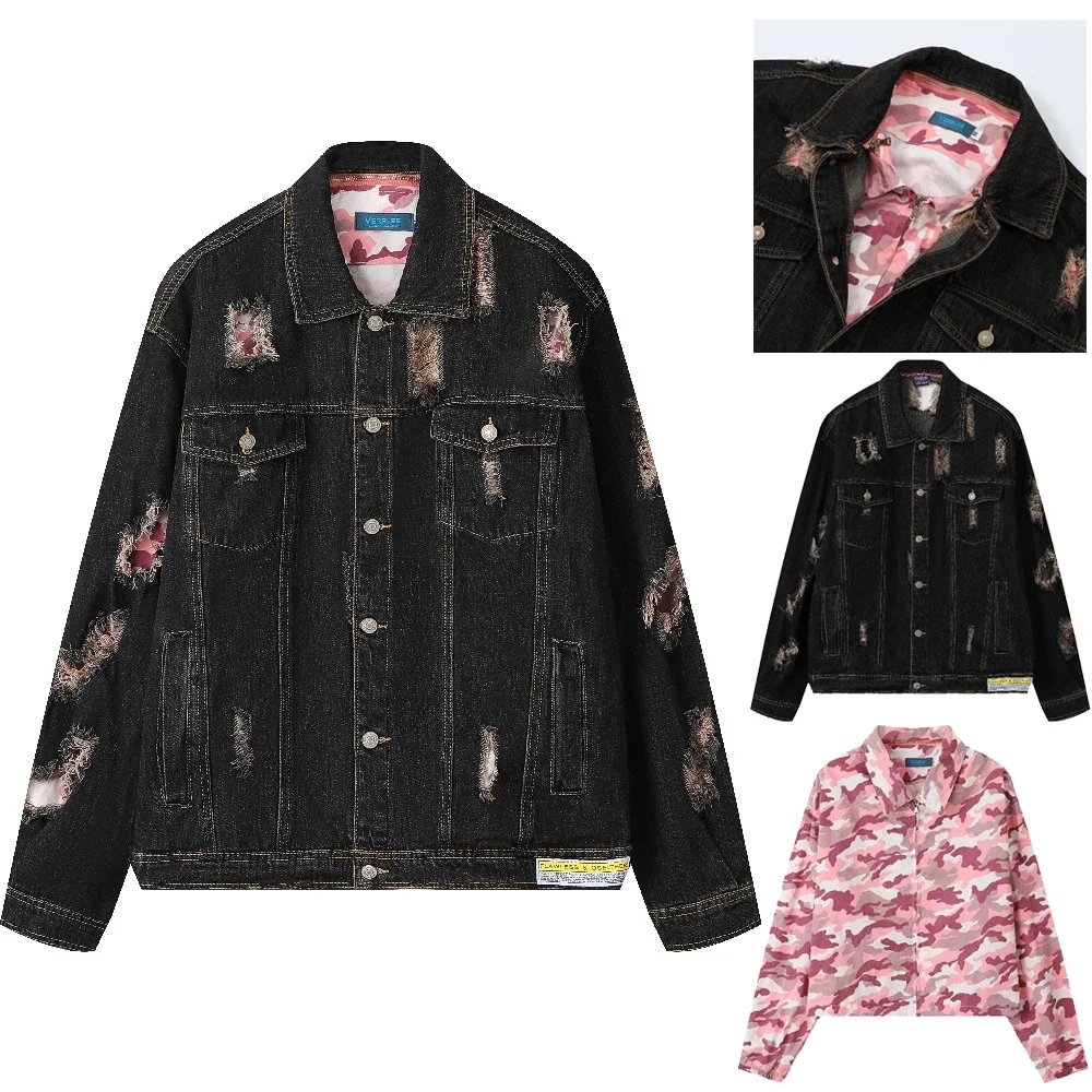 

Ripped Holes 2-Pieces Vintage Denim Coats Jeans Jacket for Men Women Distressed Washed Frayed Goth Aesthetic Clothing Streetwear