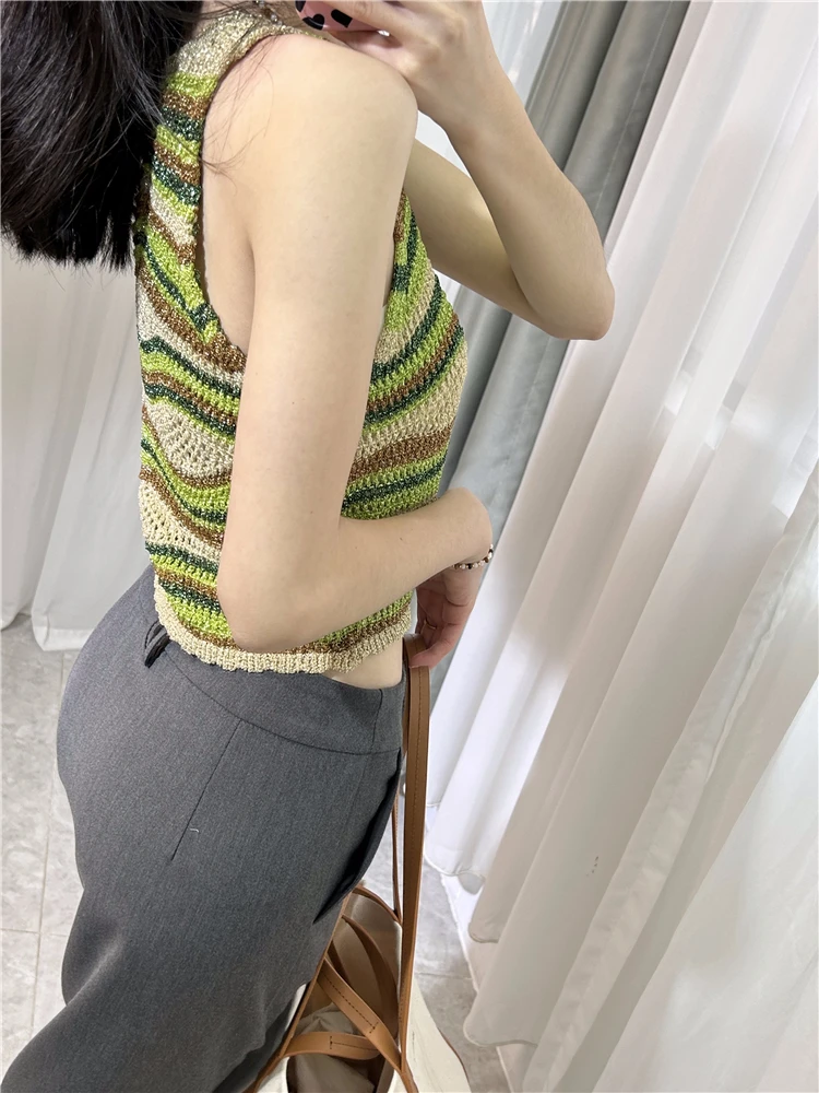 

Short Women's Knitted Tank Top French Sweet and Spicy Style S Home~2024 Spring New Personalized Camo Stripe Round Neck