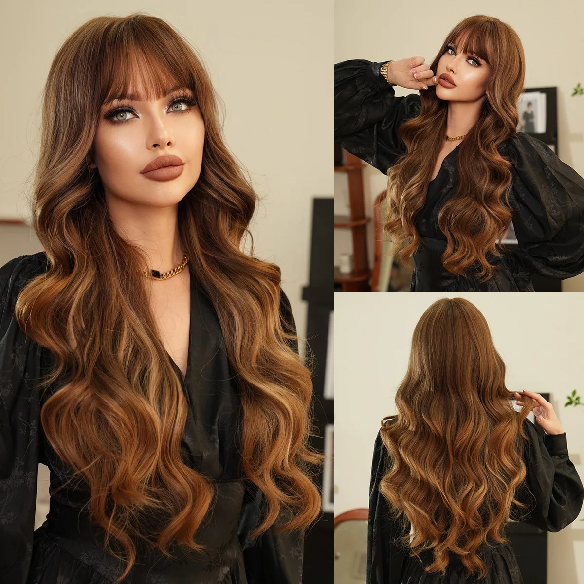 

Long Wavy Brown Wig with Bangs for Women, Natural Heat Resistant Fiber, Synthetic Curly, Brown Blonde Highlight, Cosplay Wigs