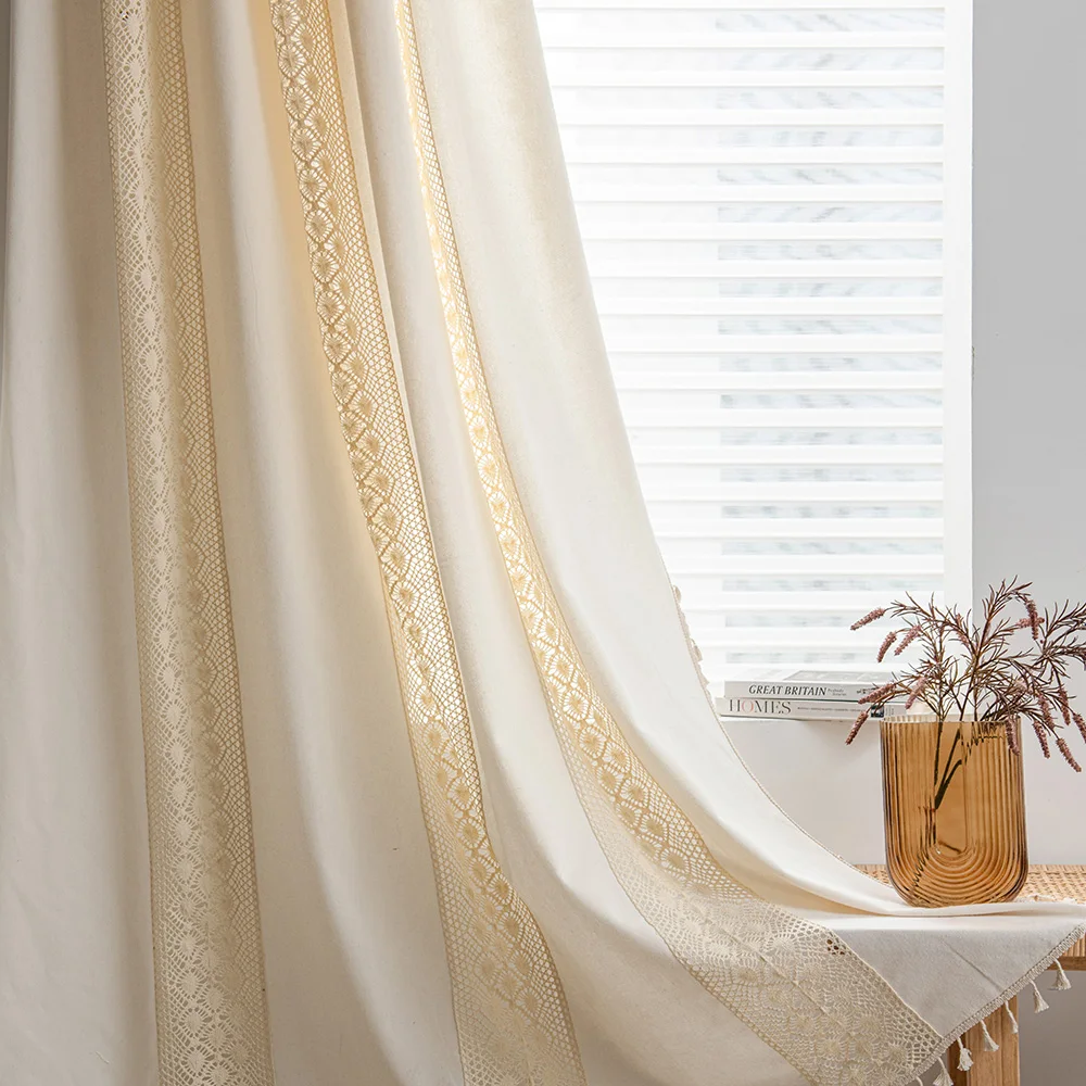 

Creative Cotton Curtain with Tassel Chic Crochet Knitting and Canvas Splicing Drapery for Sliding Door Window Decoration