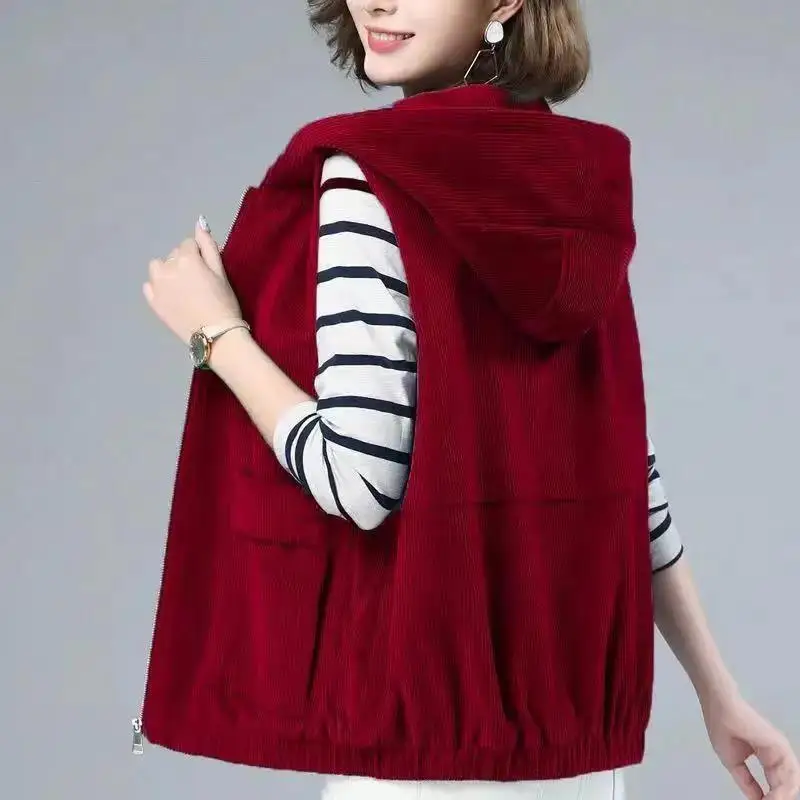 

Women Autumn Korean New Commute Fashion Corduroy Hooded Zipper Vest Solid Color Pockets Spliced Loose Leisure Sleeveless Coat