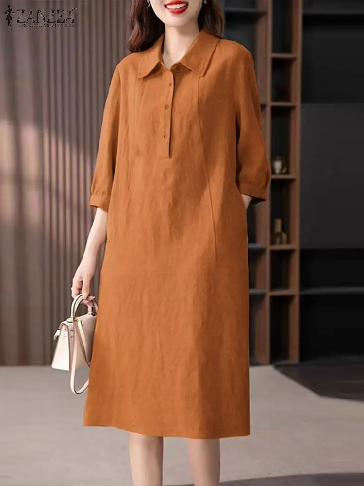 

ZANZEA Korean Fashion Lapel Neck Vestidos Women Lantern 3/4 Sleeve Shirt Dress 2024 Summer Midi Dress Casual Loose Buttons Robes