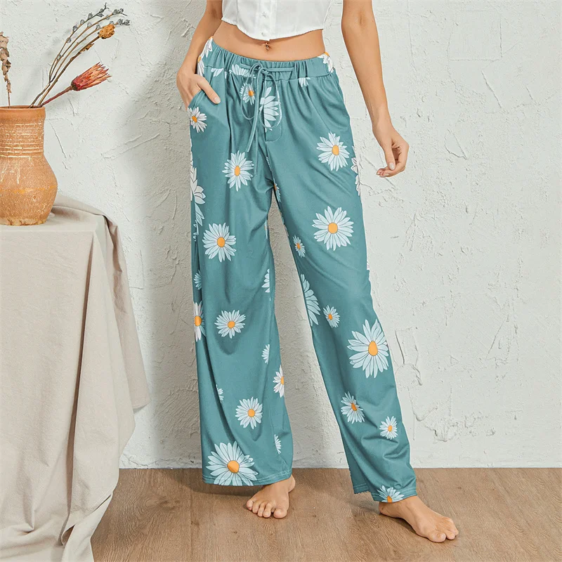 

Women Pajama Pants Sunflower Print Fall Spring Loose Bottoms Elastic Mid Waist Wide Leg Drawstring Long Trousers Sleepwear