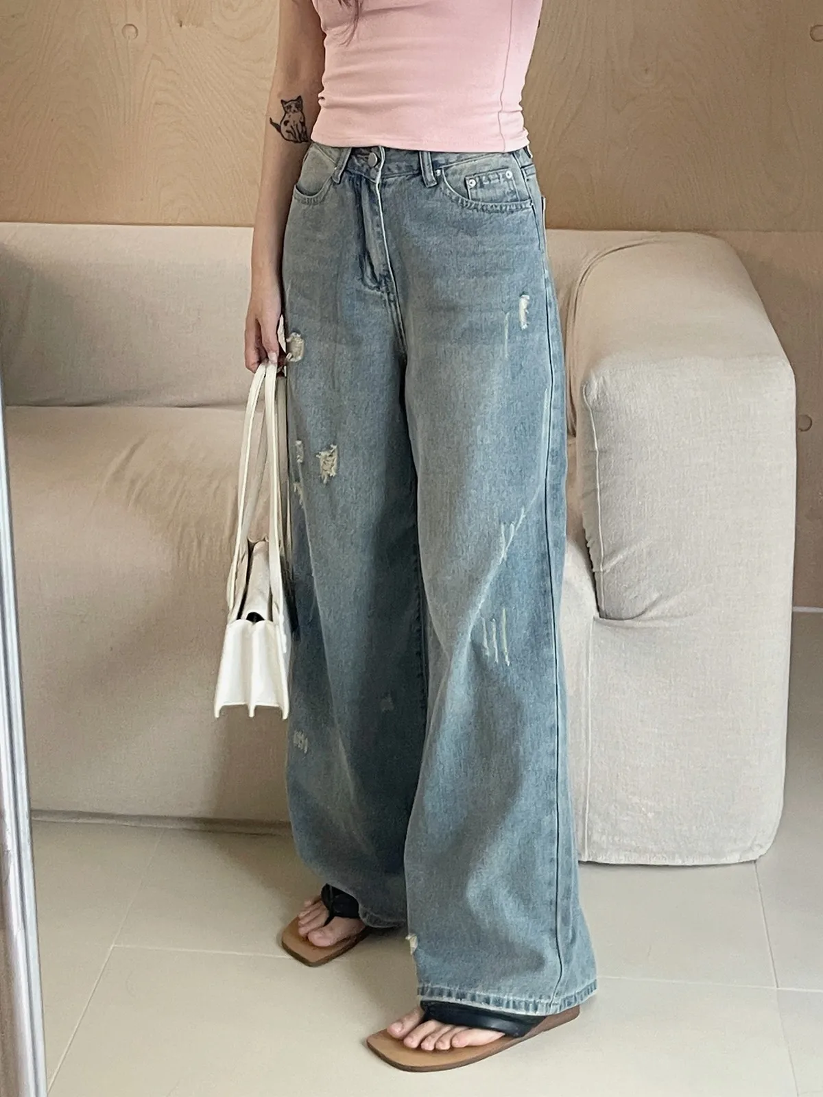 

ZHISILAO New Ripped Jeans Women Vintage Hole Wide Leg Straight Full Length Denim Pants Streetwear Summer 2024