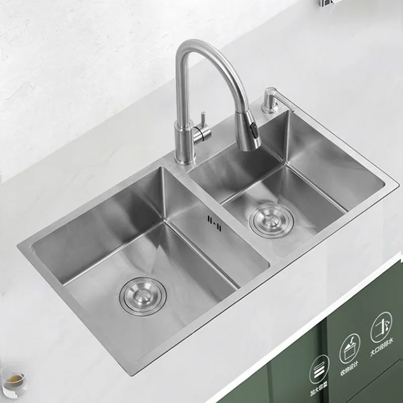 

Kitchen Sink Double Groove Double Bowl Vegetable Washing Basin Pots 304 Stainless Steel Kitchen Sinks with Soap Dispenser