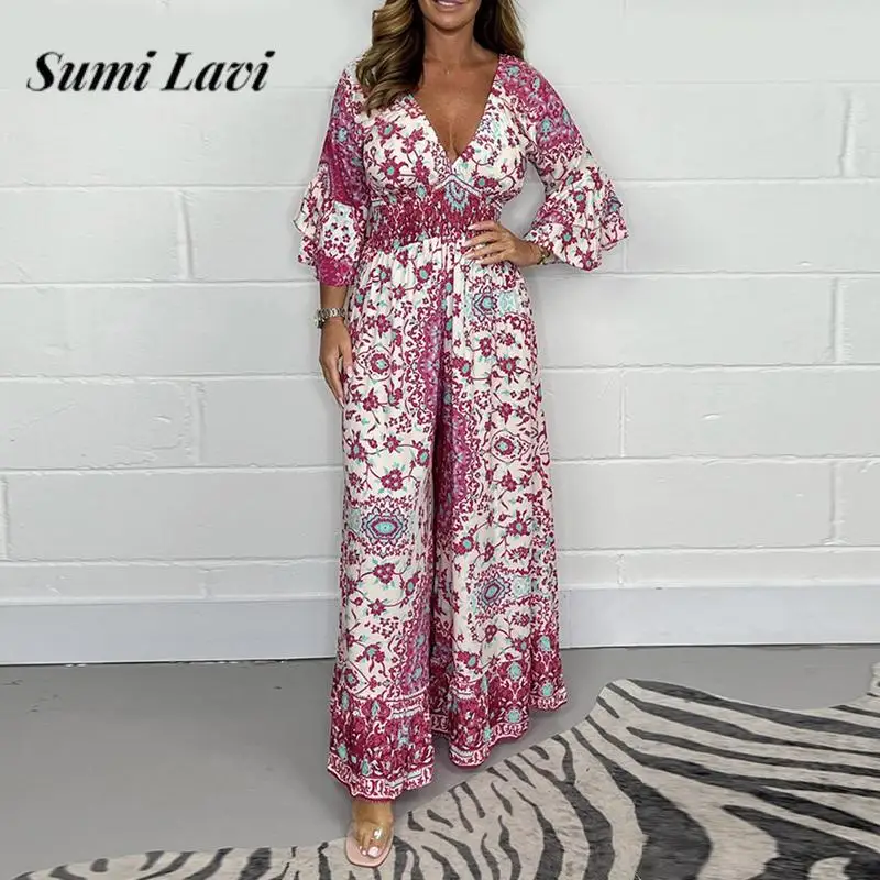 

Vintage Pattern Print Wide Leg Jumpsuit Women Causal Flared Sleeve Loose Playsuits Overalls Elegant V-neck Elastic Waist Rompers