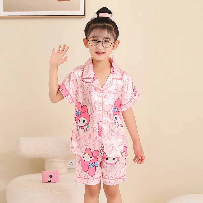 

2024 пижамы Hello Kitty для девочек Sanrio Kawaii аниме Kuromi Cinnamoroll шорты с коротким рукавом ледяной шелк для девочек Домашняя одежда подарки