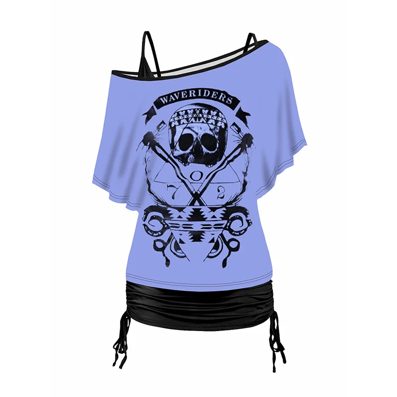 

Allover Skull Letters Numbers Print Oblique Shoulder T-shirt And Cinched V Neck Camisole Two Piece Set Women Top