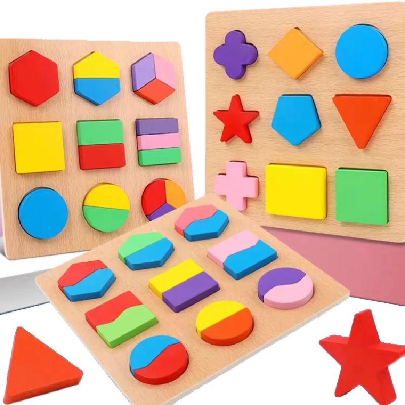 

Kids Wooden Geometric Shapes Puzzle Blocks Hand Grasping Board Baby Area Material Cognitive Sorting Puzzle Educational Game Toys