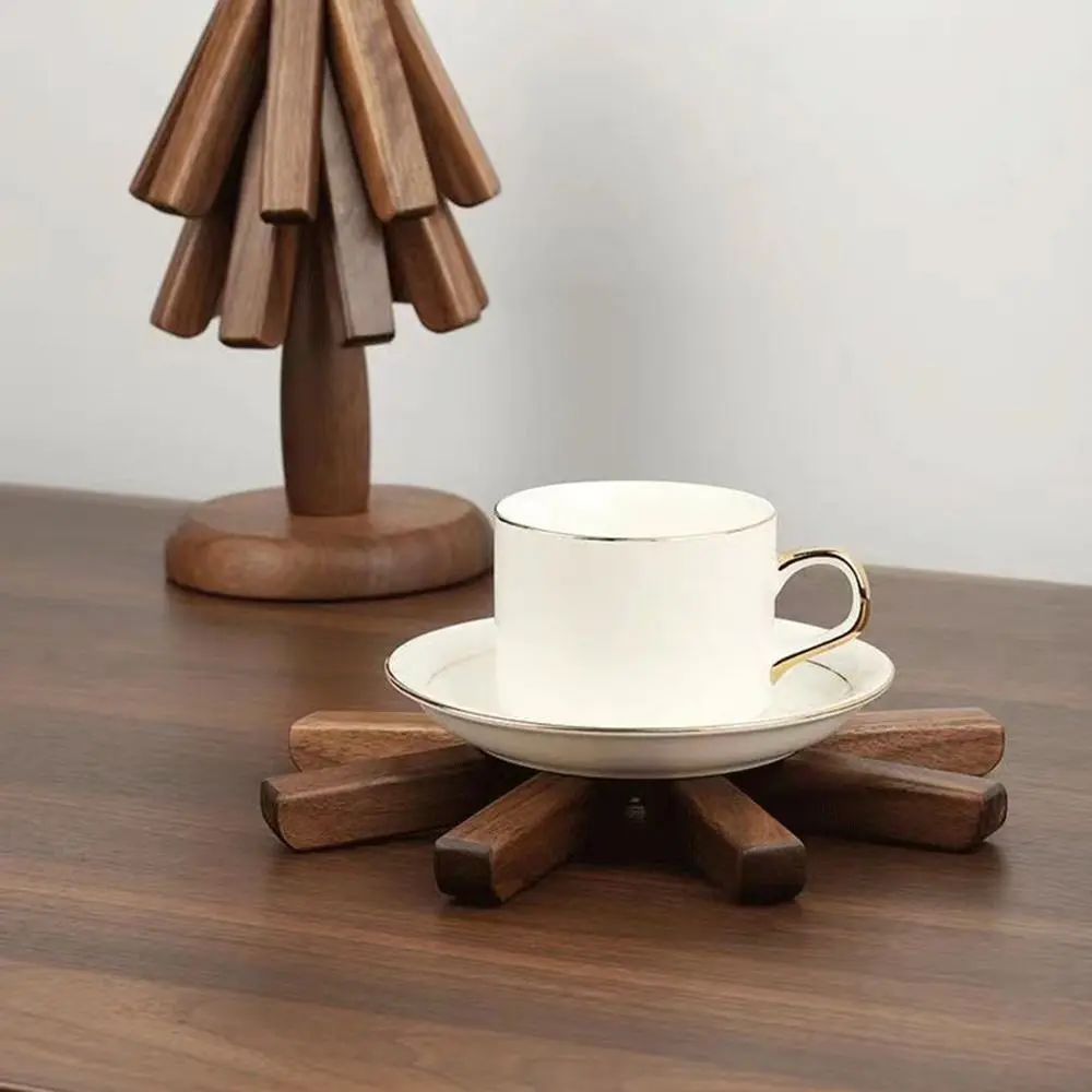 

Wood Cup Mat Non-Slip Heat Resistant Pads Coaster Foldable Tree Shape Wooden Placemats Trivet For Hot Dishes