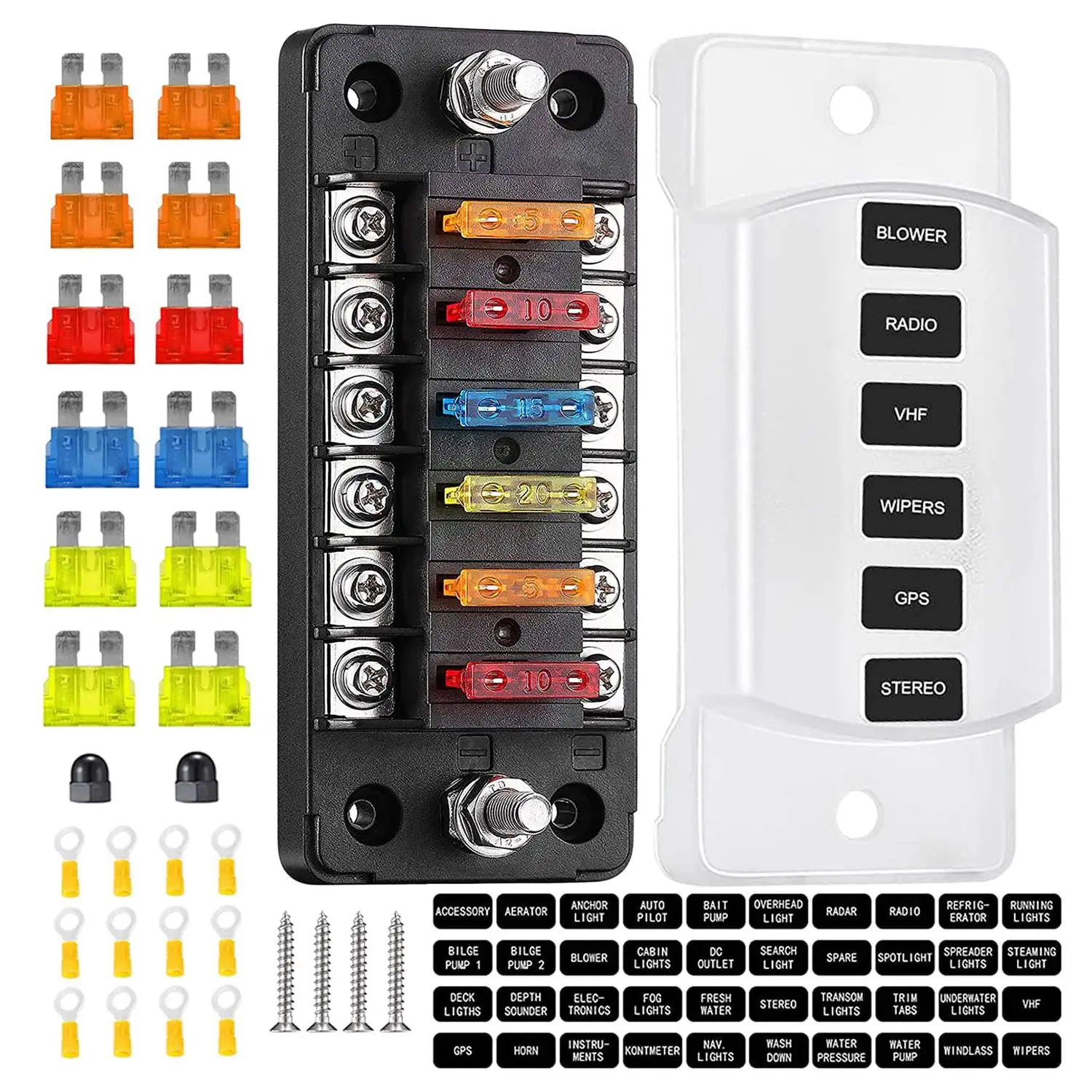 

6 Way Fuse Block Blade Fuse Box with Negative Bus - ATC/ATO for Boat Yacht Vehicle Auto RV Car Trailer Truck SUV