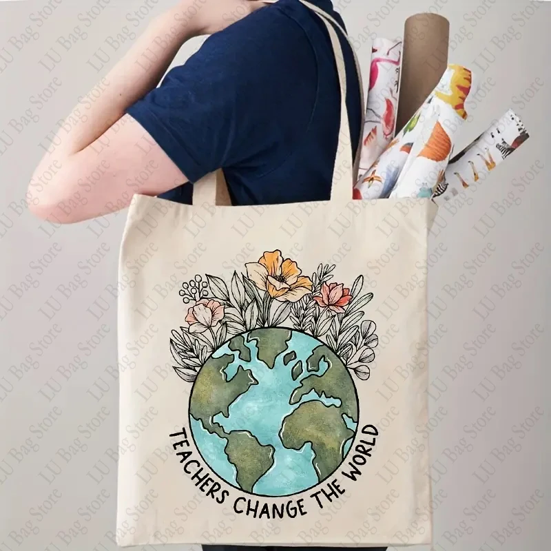 

Teachers Change The World Pattern Shopping Bag Casual Canvas Shoulder Bags Handbag Foldable Tote Bag Handbag Gift for Teacher