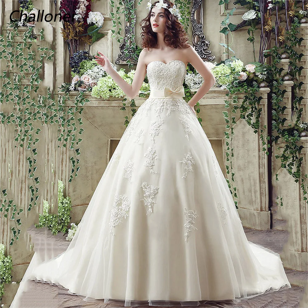 

Elegant Sweetheart Wedding Dress With Bow Appliques Sleeveless Lace Up Bridal Ball Gown Floor Length Vestidos De Novia Challoner