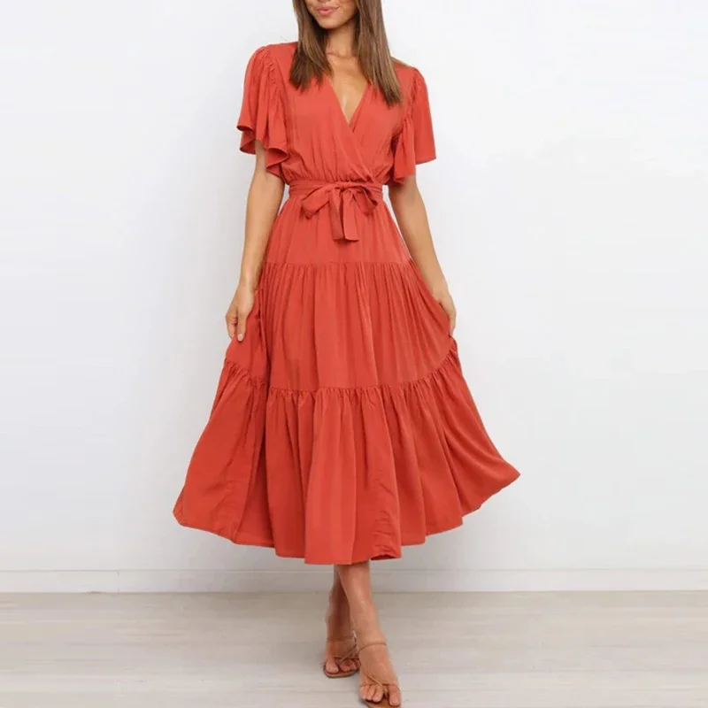 Summer Ladies New Casual Solid Color Short Sleeves Maxi Dress Fashion Commute Lace-up High Waist Ruffled Dresses Bohemia Women's
Summer Ladies New Casual Solid Color Short Sleeves Maxi Dress Fashion Commute Lace-up High Waist Ruffled Dresses Bohemia Women's