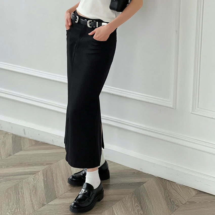 

2024 New Spring Summer Women's High-Waisted Elastic Straight-Leg Slit Denim Skirt-Pants Fashion Hybrid High Quality