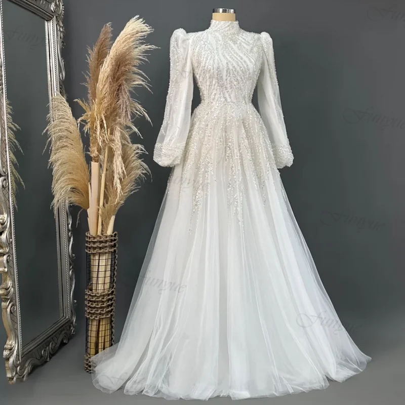 Sparkling Beaded Lace Islamic Muslim Wedding Gowns High Neck Arabic Dubai Bridal Dress for Bride A-Line Robe De Mariée
Sparkling Beaded Lace Islamic Muslim Wedding Gowns High Neck Arabic Dubai Bridal Dress for Bride A-Line Robe De Mariée