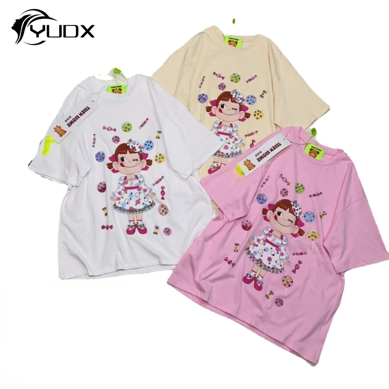 

YUDX Original Cute Cartoon Printed Women Pullover Top New Spring Summer Loose Short Sleeve T-shirt O-neck Diamonds Beads Tees