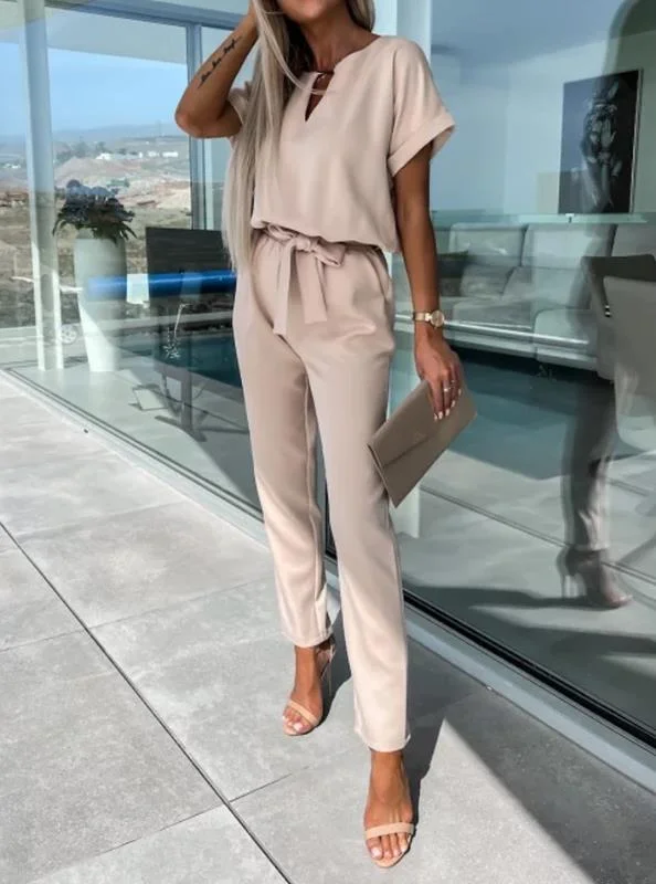 

Jumpsuit Women 2023 Summer Fashion Keyhole Neck Tied Detail Casual Plain Short Sleeve High Waist Pocket Design Long Jumpsuit