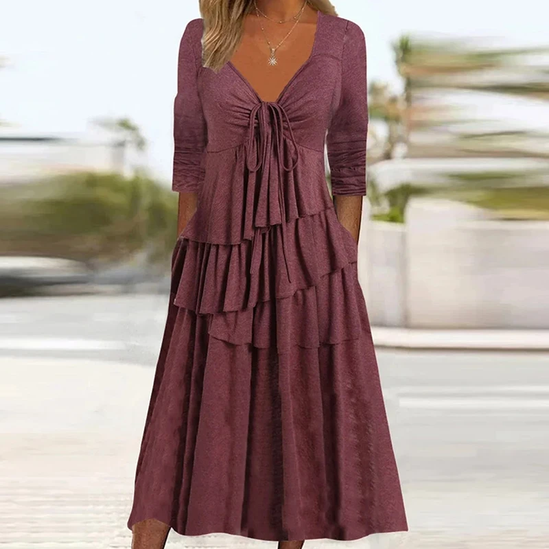 

Vintage Solid O-Neck Folds Maxi Dress Casual New Layered Ruffle Women Tee Shirt Dress 2023 Spring Loose Long Sleeve Pocket Dress