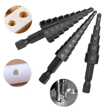 검은색 육각 생크 직선 슬롯 사다리 드릴 비트, 리밍 및 홀 오프닝, 검은색 파고다 드릴 도구 세트, 3 개 상품 이미지