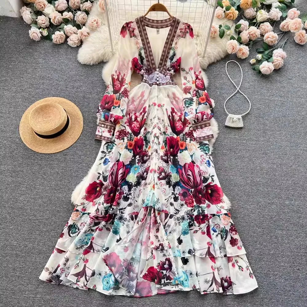 Elegant Floral Print Dress Women Korean Summer Deep V Neck Long Sleeve Maxi Dress Party Vestidos
Elegant Floral Print Dress Women Korean Summer Deep V Neck Long Sleeve Maxi Dress Party Vestidos