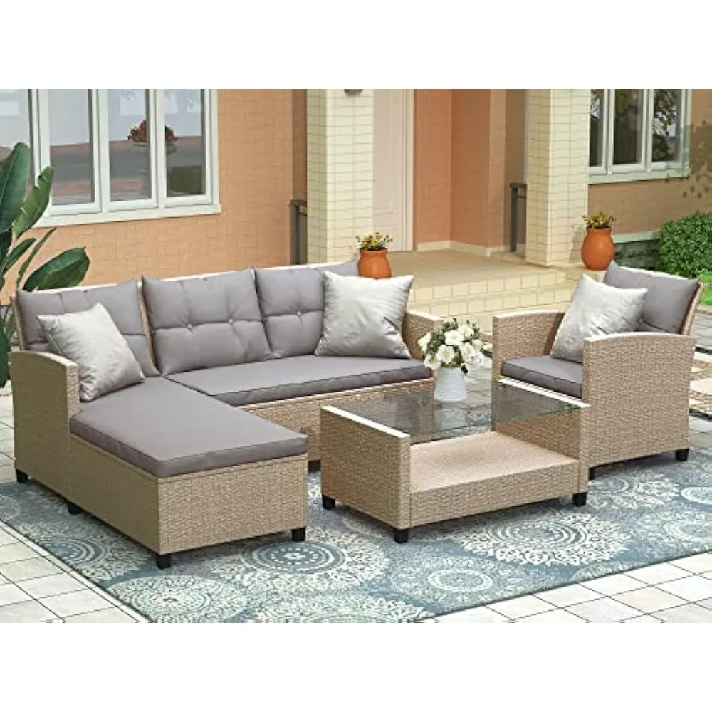 

Lazy Sofa Beige Brown 4 Pieces PE Rattan Sectional Sofa Set Include L-Shaped Couch Outdoor Patio Conversation Furniture Poolside