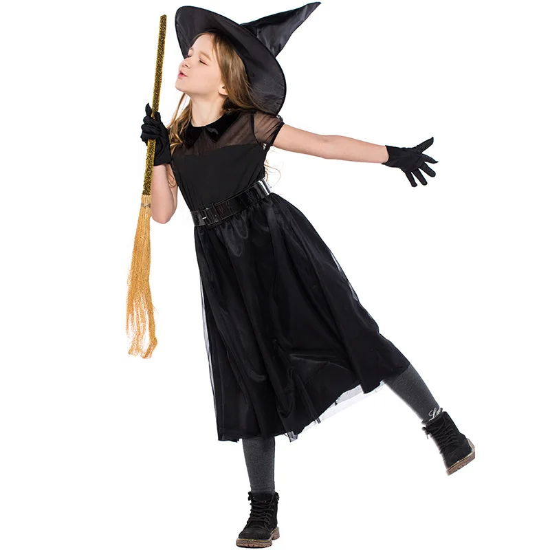 

2023 Disguise Medieval Witch Costume For Girls Halloween Black Long Dress with Hat Kids Carnival Cosplay Party Outfit Set