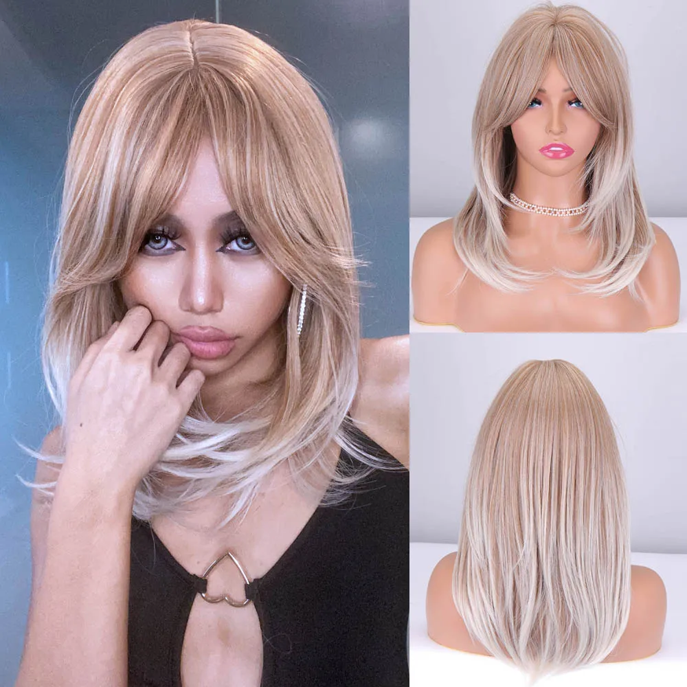 

Synthetic Wigs for Women Long Mixed Color Dark Brown Blonde Wigs with Bangs Natural Wavy Layered Hairstyle Wig Cosplay perruque