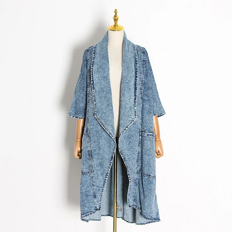 

Blue Denim Trench For Women Lapel Batwing Three Quarter Sleeve Loose Big Size Windbreakers Female 2023 Autumn Clothing
