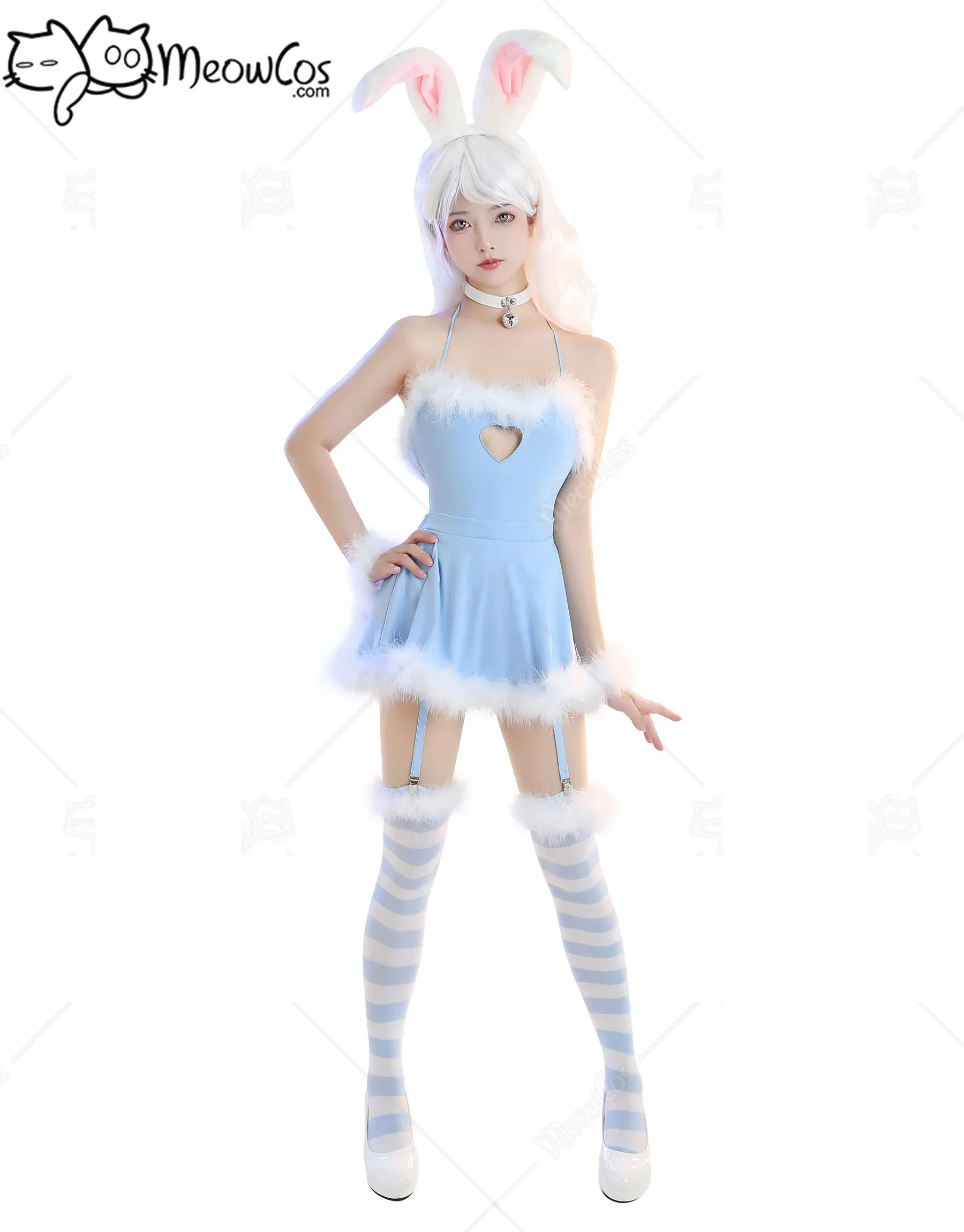 

Meowcos Women Bunny Girl Sexy Lingerie Set Homewear Blue Furry Heart Hollow Halter Bodysuit with Skirt and Striped Stockings