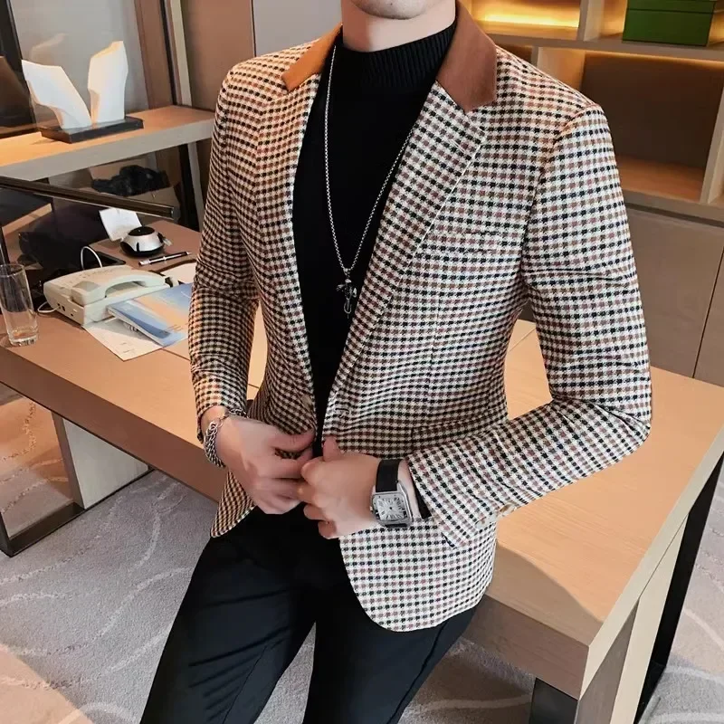 

2023 High Quality Fashion Men Handsome Youth Business Without Ironing Long Sleeve Slim Spring Plaid Suit Casual Casual Blazers