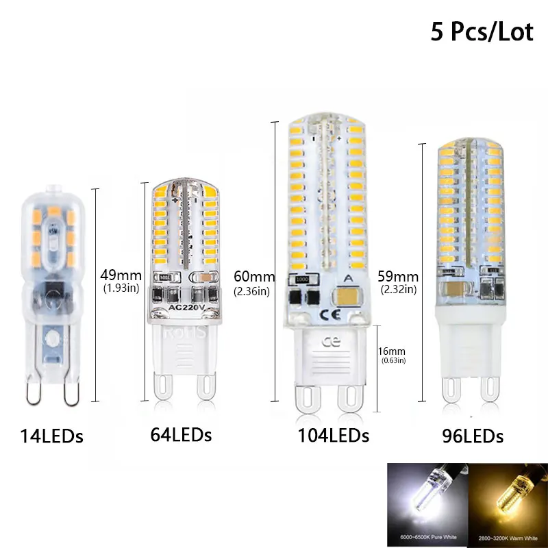 

5Pcs/Lot G9 LED 220V Corn Bulb 14 64 96 104 LEDs Silica Gel SMD 3014 LED Lamp Chandelier Candle LED Light 90% Energy Saving