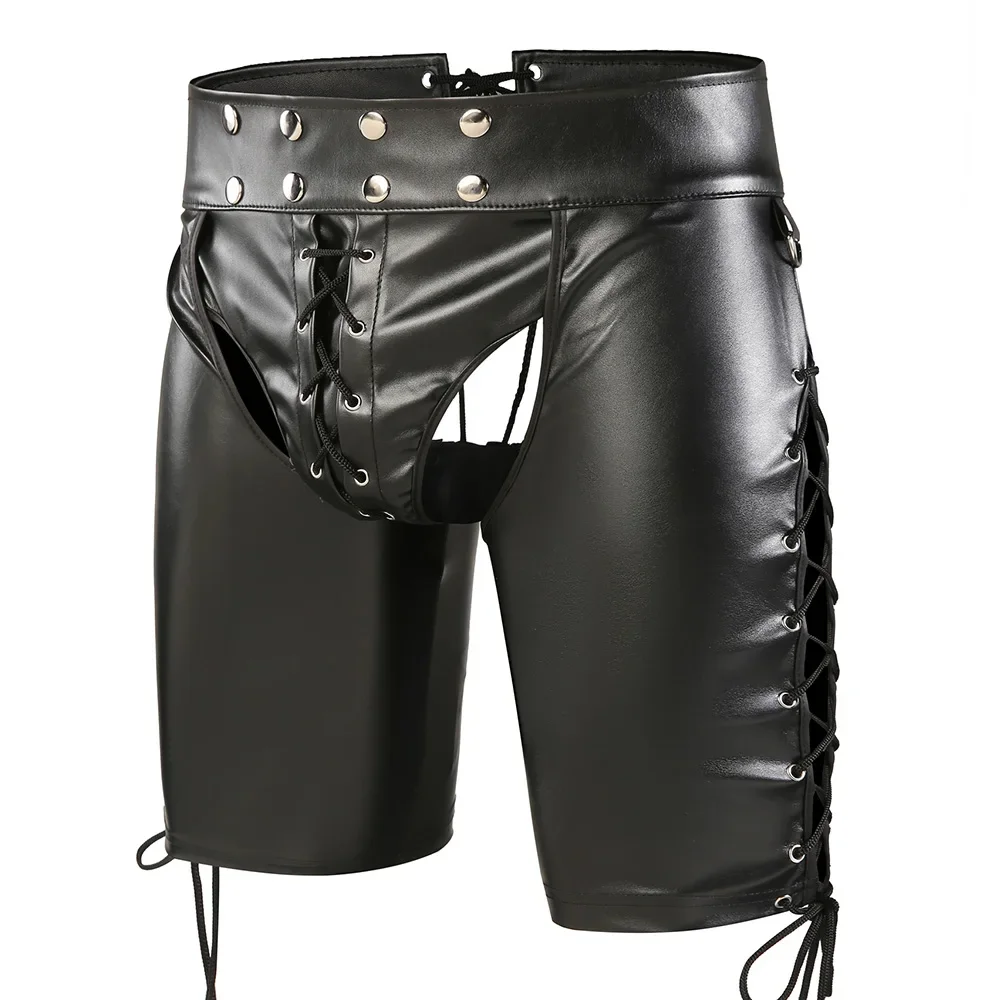 Men Sexy Faux Leather Shorts Backless Open Crotch Nightclub Wear Fetish Short Pants Gay Male Fashion Bandage Shorts Punk Costume
Men Sexy Faux Leather Shorts Backless Open Crotch Nightclub Wear Fetish Short Pants Gay Male Fashion Bandage Shorts Punk Costume