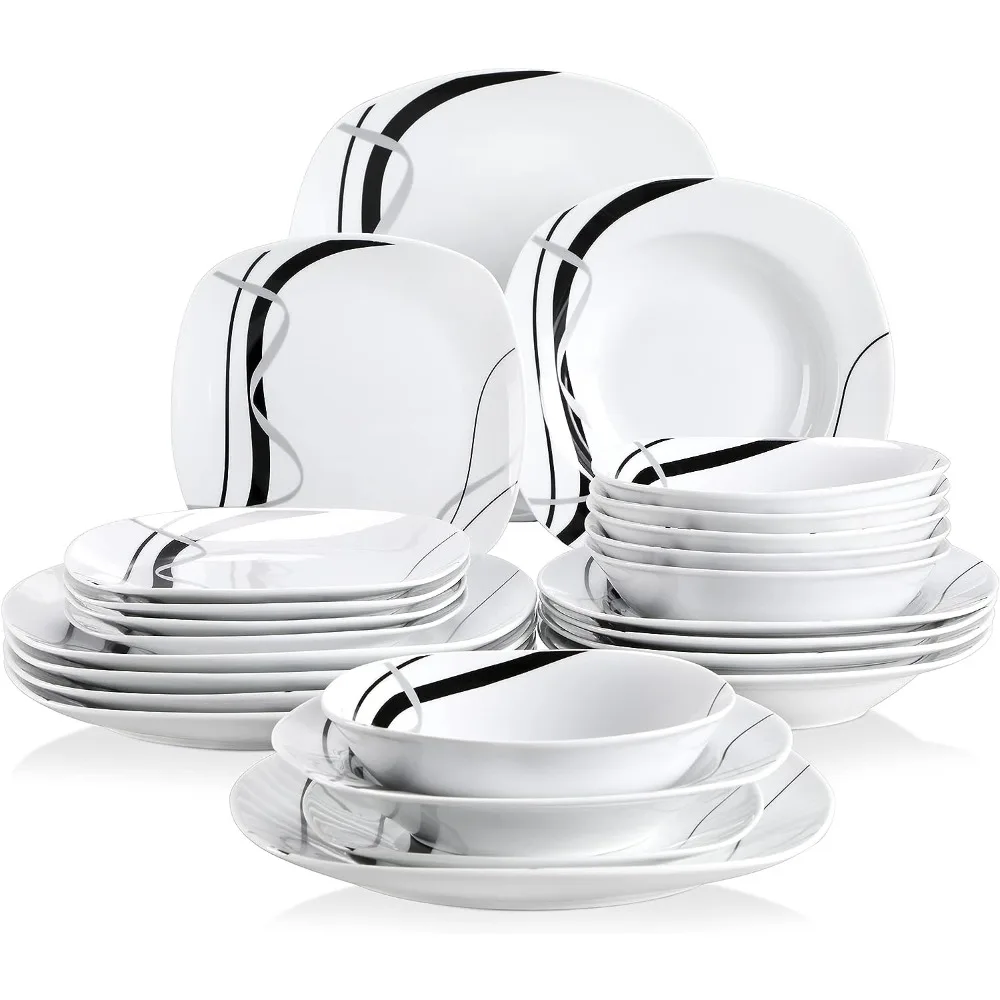 

24-Piece White Dinnerware Sets for 6, Porcelain Plates and Bowls Sets including Bowls, Dinner Plates, Soup Plates, Dessert Plate