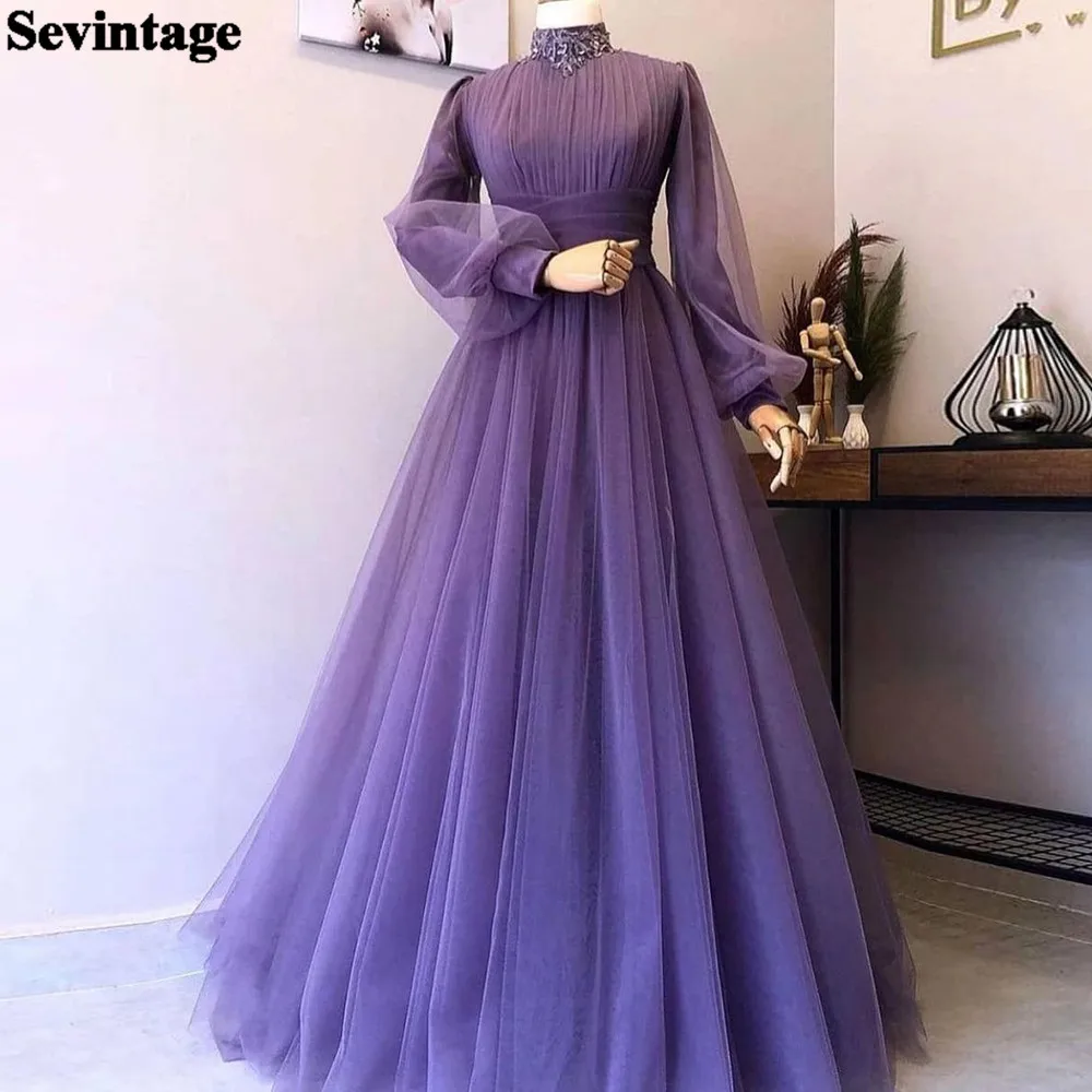 Sevintage Purple Tulle Muslim Prom Dresses Long Sleeves High Neck Lace Pleats Women Evening Gowns Formal Party Occasion Dress
Sevintage Purple Tulle Muslim Prom Dresses Long Sleeves High Neck Lace Pleats Women Evening Gowns Formal Party Occasion Dress