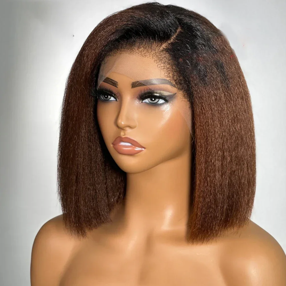 

180Density Ombre Brown Yaki 20 Inch Lace Front Wig For Women Kinky Straight Babyhair Preplucked Heat Resistant Glueless Daily
