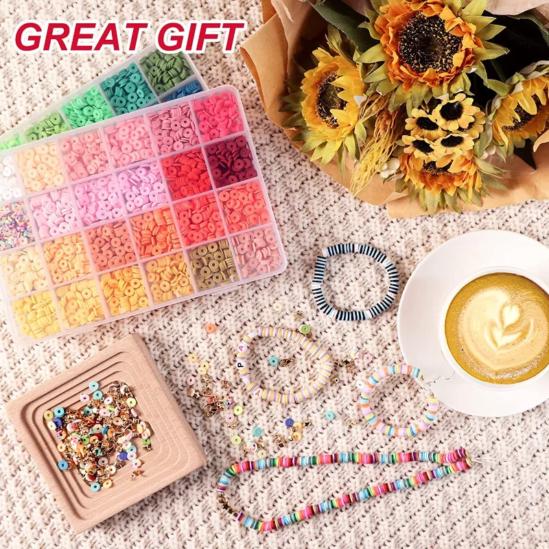 4800pcs Clay Beads for Bracelet Making Kit, 48 Colors Flat Round Clay Beads for Jewelry Making Kit, for Girls 8-12, Preppy, Gift