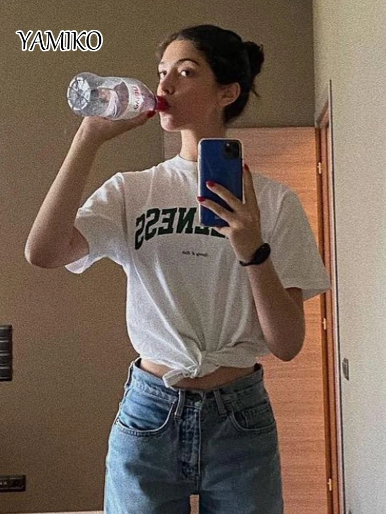 YAMIKO 2024 Summer Letter Women's Short-sleeve T-shirt Cotton 2 Color O-neck Letter Print Pullover Top Fashion Street Casual Tee
YAMIKO 2024 Summer Letter Women's Short-sleeve T-shirt Cotton 2 Color O-neck Letter Print Pullover Top Fashion Street Casual Tee