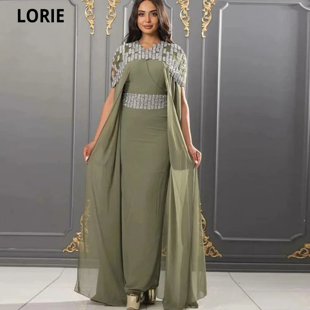 

LORIE Chiffon Evening Dresses 2022 High Collar Appliques With Cape Green Mermaid Prom Gown Arabic Party Dress Vestidos De Novia