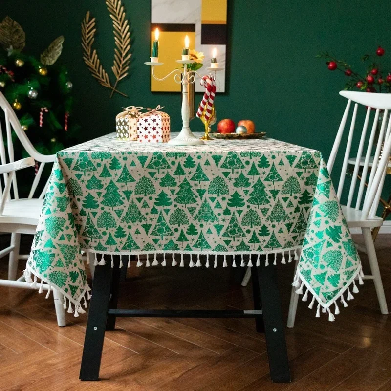 

2022 New Year Christmas Tablecloth Red Green Xmas Tree Table Cloth Bronzing Tassel Cotton Linen Table Cover Xmas Table Runner
