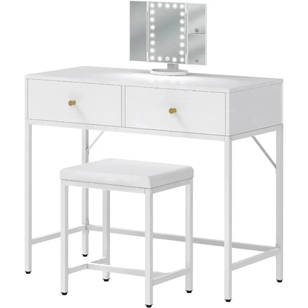 Vanity Desk with Stool with 2 Large Drawers, White Desk with Tri-fold Lighted Mirror
Vanity Desk with Stool with 2 Large Drawers, White Desk with Tri-fold Lighted Mirror