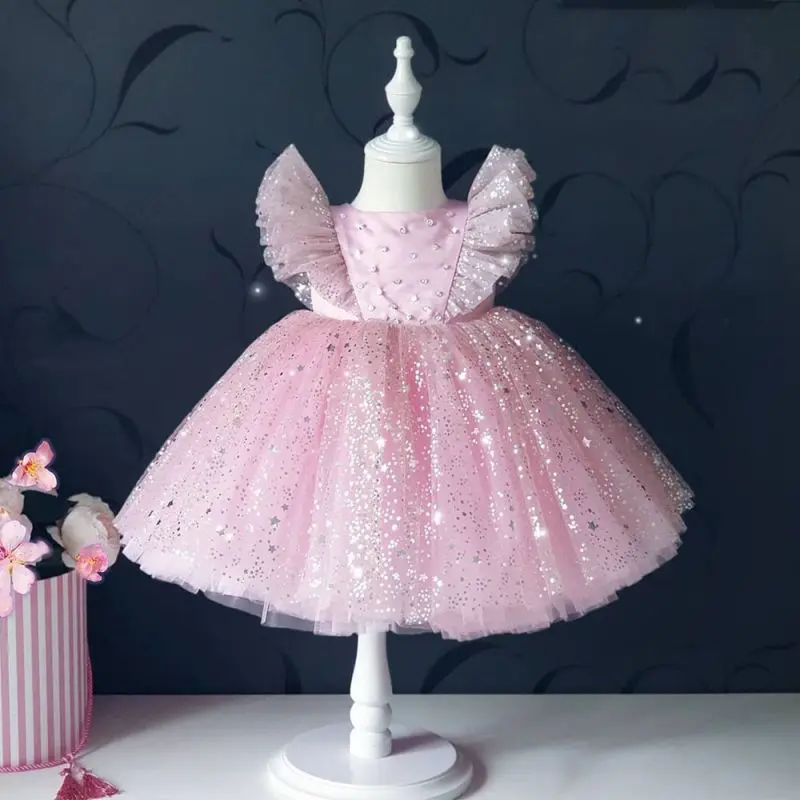

Fashion Baby Girl Princess Dress Fly Sleeve Child Christmas TUTU Vestido Starry Mesh Ruffled Birthday Party Baby Clothes 1-7Y