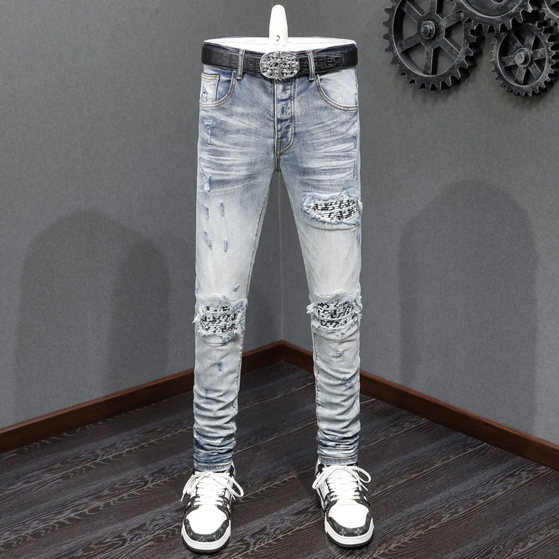 

High Street Fashion Men Jeans Retro Light Blue Stretch Skinny Fit Ripped Jeans Men Bandana Patched Designer Hip Hop Brand Pants