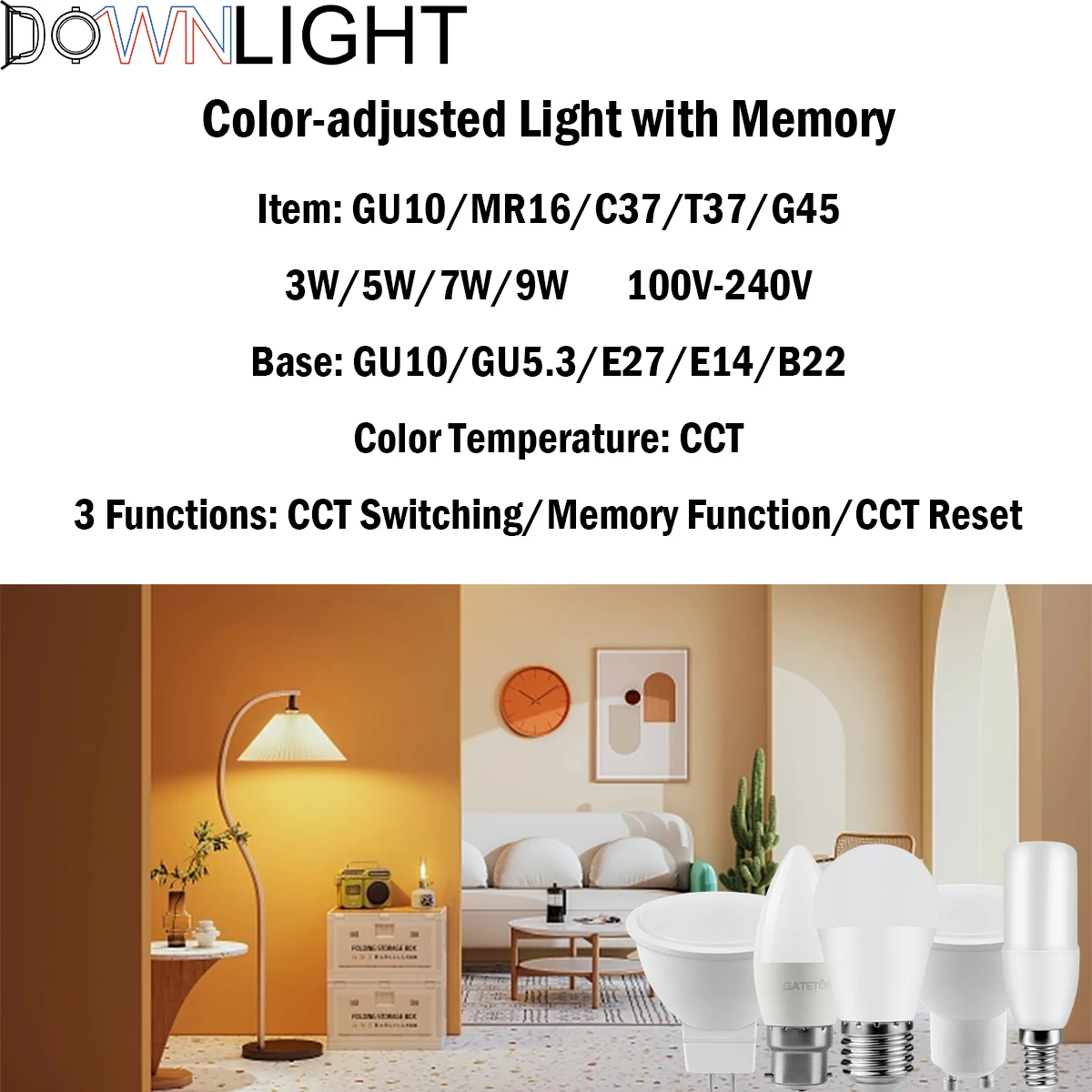 

5-20PCS LED Smart 3-color dimming 3000K/4000K/6000K with memory CCT AC100-240V GU10 GU5.3 E27 E14 B22 3W-9W flicker-free 100LM/W